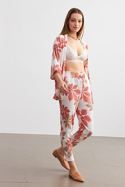 MODAGEN Women's Orange-White Floral Pattern Kimono Shirt Pants Set