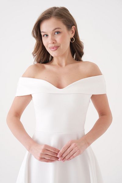lovebox Women's Flexible Scuba Fabric Strapless Collar White Evening Dress White Engagement Dress Wedding Dress 019
