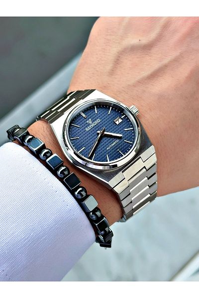 Raymond Silver Color Automatic Steel Case Band Business Men's Wrist Watch + Bracelet