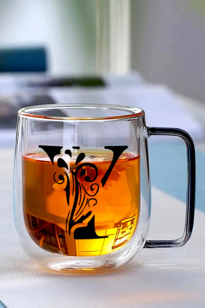 Kitchen Way Çift Cidarlı Borosilikat 350ML Harfli Cam Kupa Bardak KW-884