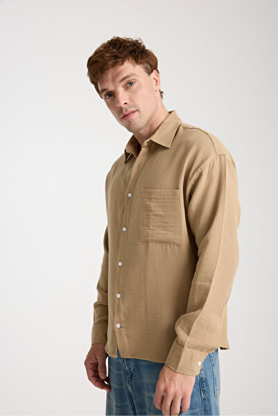 BİYOGRAF Erkek %100 Pamuk Keten Dokulu Müslin Kumaş Cepli Uzun Kollu Oversize...