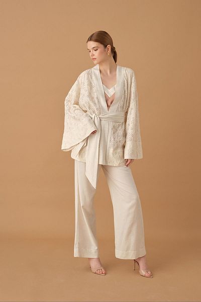 Pierre Cardin Σετ Γυναικείες Πιτζάμες Kimono Linen - Lx.25232 Neutral
