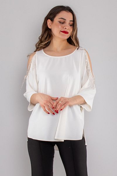 AYHAN Women's Off-Shoulder Stone Tassel Blouse