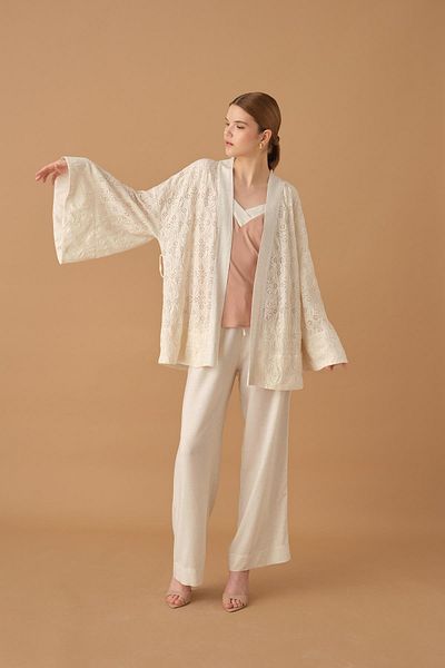 Pierre Cardin Σετ Γυναικείες Πιτζάμες Kimono Linen - Lx.25232 Neutral