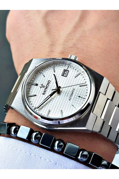 Raymond Silver Color Automatic Steel Case Band Business Men's Wrist Watch + Bracelet