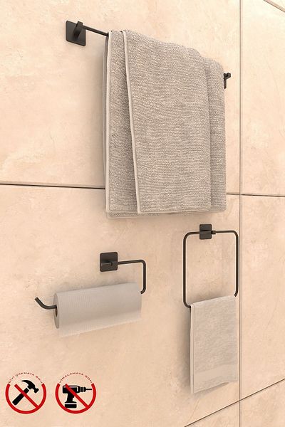 Alper Banyo Αυτοκόλλητο τετράγωνο σετ αξεσουάρ μπάνιου 3 τεμαχίων – Μακρύς γάντζος για πετσέτες, δαχτυλίδι και ανεξάρτητη θήκη για πετσέτες