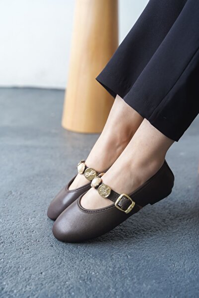 MODAADAM Women's Venily Sequined Flat Ballerina Brown-Leather Shoes