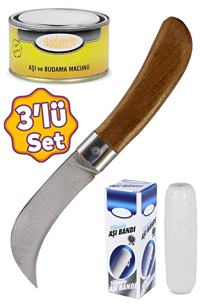 Badem10 Aşı Bıçağı Eğri Uçlu Bağ Bıçağı Ara Çakı + Aşı Bandı + Aşı Macunu (3'LÜ SET)