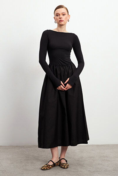 Bipantolon فستان نسائي أسود برقبة قارب ومفصل بطول ماكسي من القطن، جزء من القط...