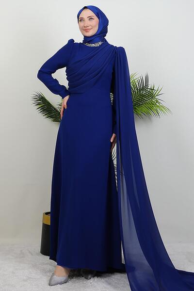 giz astore Yakası Taşlı Elbise Gece Mavi