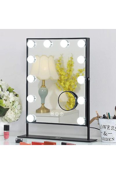 COOYA Smart touch makeup mirror,three-color light,adjustable brightness,equipped with 12 LED bulbs,black