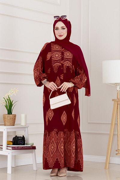 Sevitli Half Button Robe Hira Dress-Burgundy