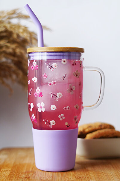 Caga Home Caga Bambu Kapaklı Kiraz Çiçeği Desenli Çelik Pipetli Bardak Cam Te...