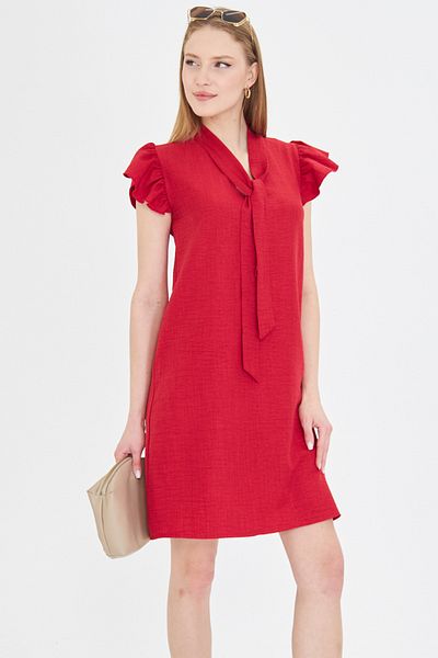 armonika Women's Red V-Neck Dress with Ruffled Sleeves and Tie Detail Arm-25Y 001022