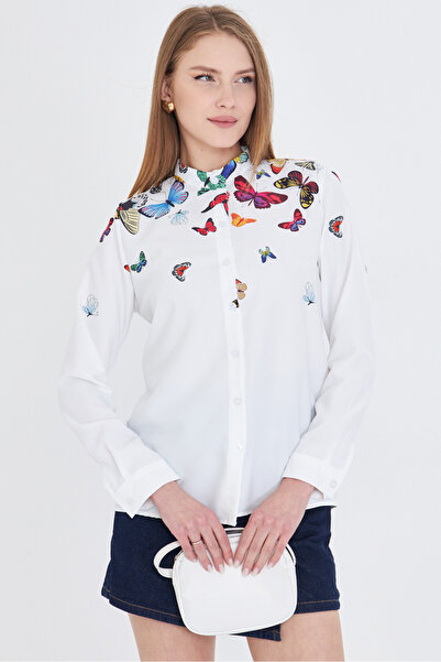 armonika Kadın Sarı Hakim Yaka Desenli Gömlek ARM-25Y001013