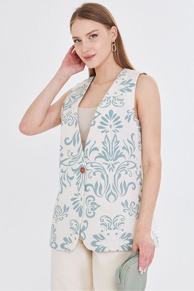 armonika Women's Mint V-Neck Single Button Oversize Patterned Vest Arm-25Y 001032