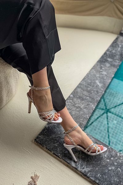 SHOEBELLAS Pantofi cu toc pentru femei Meka White Ribbed Stone