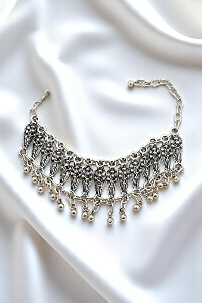 PETEK AKSESUAR Bohem Etnik Gümüş Kaplama Halhal Tasma Damla