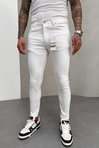 MADZEYMODA Ανδρικό λευκό Slim Fit Lycra Denim ύφασμα Jean Jeans Παντελόνι KE-355