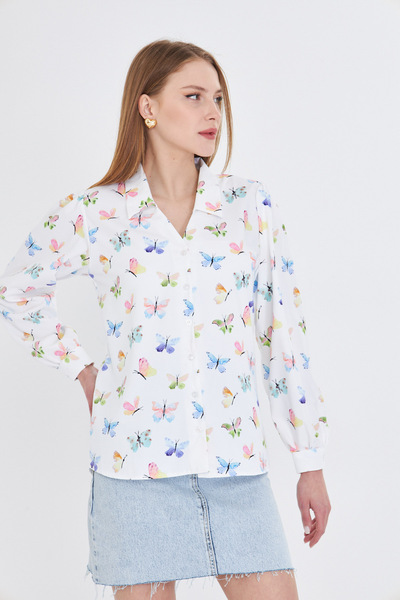 armonika Γυναικείο πουκάμισο με μοτίβο με μανίκια με λαιμόκοψη σε πράσινο χρώμα ARM-25Y 001016