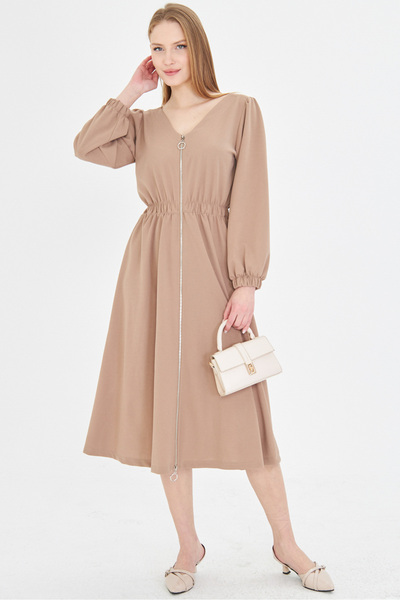 armonika Дамска рокля с дълъг ръкав, миди дължина и V-образно деколте с цип