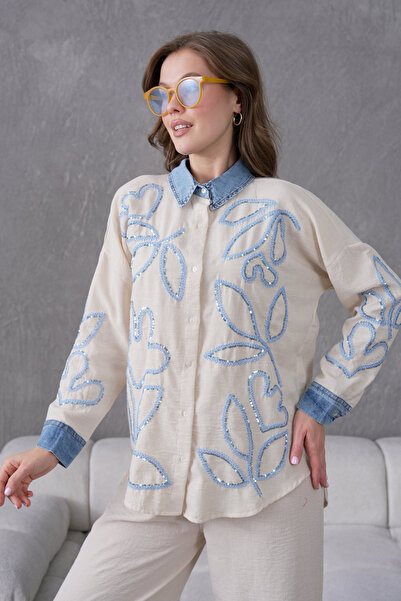 Miss Allos Women's Embroidered Front Collar and Cuff Denim Detail Linen Shirt...