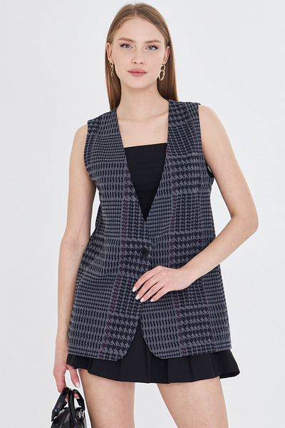 armonika Women's Smoked V-Neck Single Button Oversize Patterned Vest Arm-25Y 001032