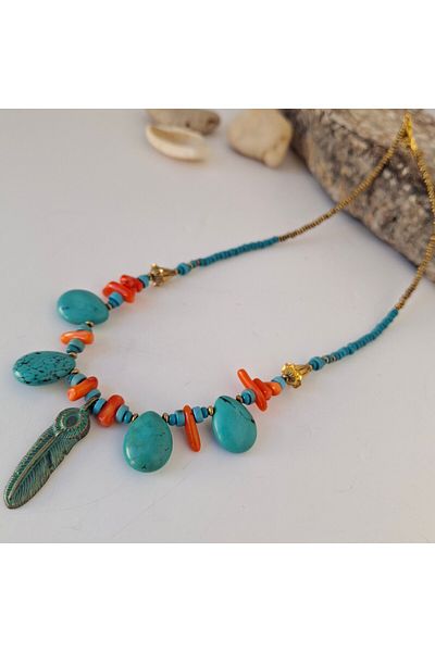 azra takı tasarım Turquoise and Natural Stone Detailed - Coral Blue Orange Authentic Bohemian Short Women's Necklace