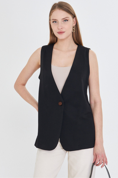 armonika Жіночий чорний жилет з V-подібним коміром та одним ґудзиком Oversize ARM-25Y001036
