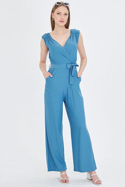armonika Women's Ice Blue Double Breasted Collar Shoulder Rubber Detailed Back V Belted Long Jumpsuit Arm-24Y 001049