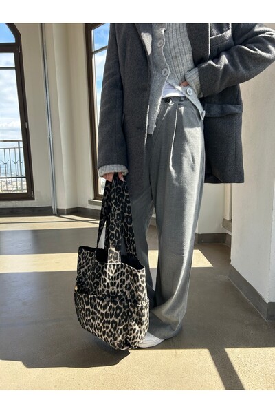 RONASBAG Leopar Desenli Geniş Hacimli Çok Cepli Tote Bag