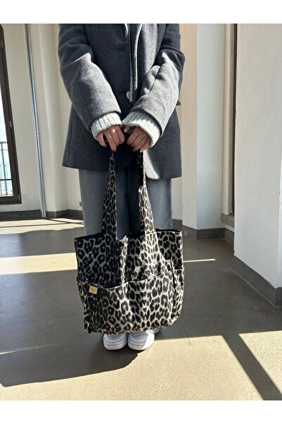RONASBAG Leopar Desenli Geniş Hacimli Çok Cepli Tote Bag