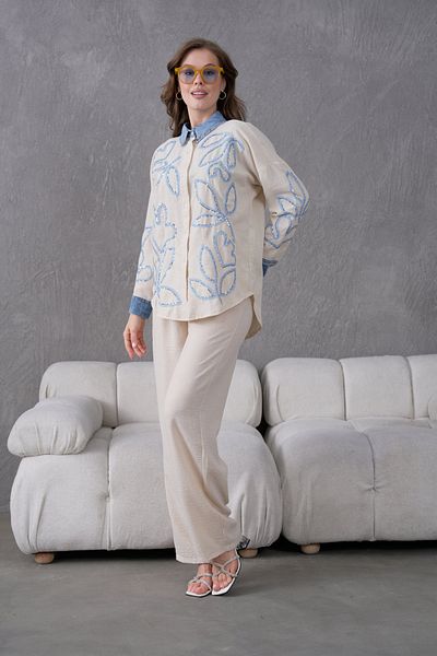 Miss Allos Women's Front Embroidered Collar and Cuff Denim Detailed Linen Shirt and Pants Bottom Top Set