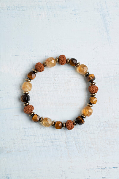 Deniz Doğal Taş Certified Citrine, Tiger Eye and Rudraksha Natural Stone Brac...