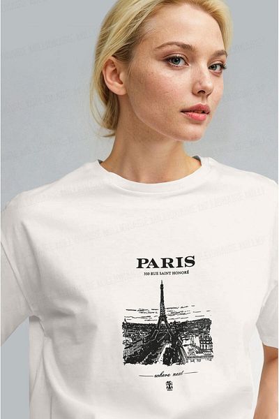 Millionaire Women's Ecru White Paris Regular Fit Regular Fit T-Shirt