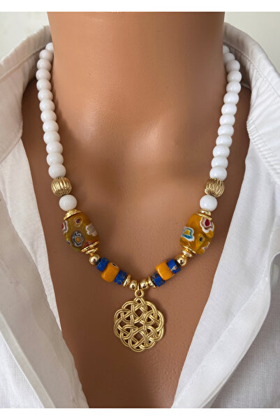 TARZ-I TAKI Altın Kaplama Beyaz Sarı Çiçekli El Yapımı Bodrum Boncuğu Altın K...