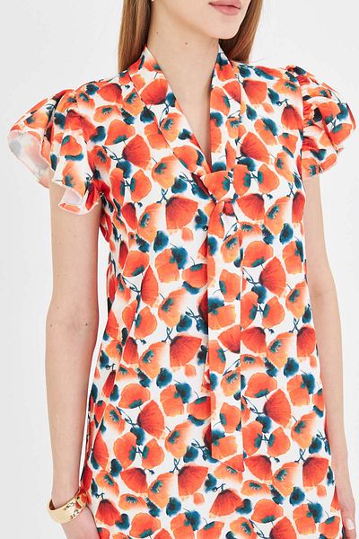 armonika Women's Pomegranate Flower V-Neck Dress with Ruffled Sleeves and Tie Detail Arm-25Y 001023
