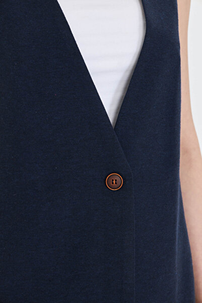 armonika Women's Navy Blue V-Neck Single Button Oversize Vest Arm-25Y 001036