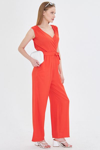 armonika Orange Women's Collar Crossover - Shoulder Elastic Detailed Back V Belt Long Jumpsuit Arm-24Y 001049