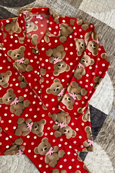 AYREKA HOMEWEAR Red Teddy Bear Patterned Women's Pajama Set Suede