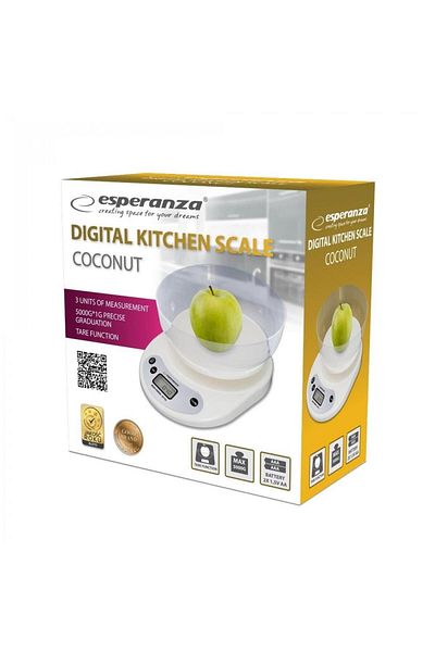 ESPERANZA Cantar pentru bucatarie Esperanza EKS007, Bol inclus, 5 Kg, Display LCD, Functia Tara (Alb)