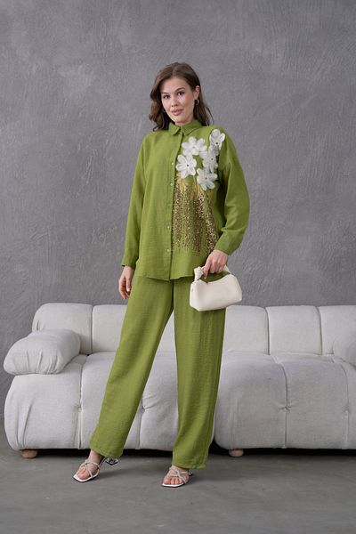 Miss Allos Women's Front Sequin Sequin Embroidered Tulle Flower and Stone Embroidered Linen Shirt and Pants Bottom Top Set