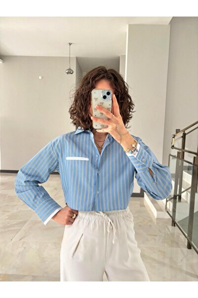 Butik Buz Mavi Çizgili Crop Gömlek