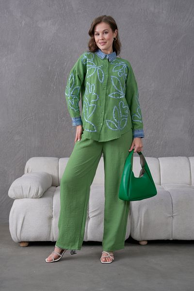 Miss Allos Women's Front Embroidered Collar and Cuff Denim Detailed Linen Shirt and Pants Bottom Top Set