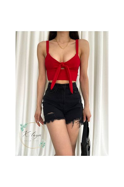 moda biz Women's Red Strap Stylish Crop Bustier with Tie-Up Detail on the Front