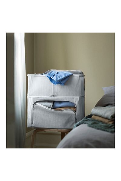 IKEA HEMMAFIXARE Storage case, fabric striped/white/grey