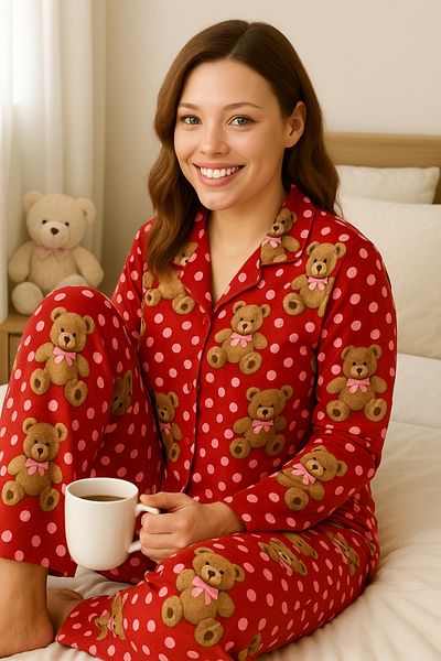 AYREKA HOMEWEAR Red Teddy Bear Patterned Women's Pajama Set Suede