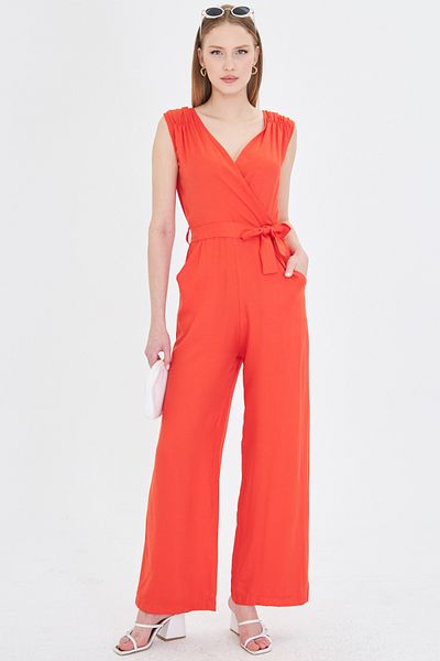 armonika Orange Women's Collar Crossover - Shoulder Elastic Detailed Back V Belt Long Jumpsuit Arm-24Y 001049