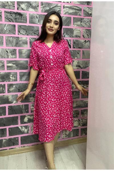 EGELİMODA Kısa Kollu Çiçekli Pembe Gömlek Elbise