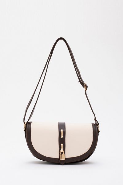 SHAKA Brown/Cream Shk92 Lock Detailed Faux Leather Single Compartment Hand, Arm and Shoulder Bag with Snap Fasteners L:15 E:25